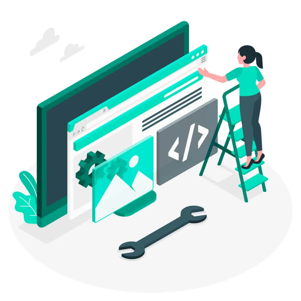 Illustration d'une femme en train de faire la maintenance d'un site web.