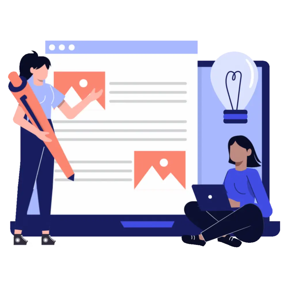 Illustration de 2 femmes en train de trouver des idées et de rédiger du contenu pour le web.